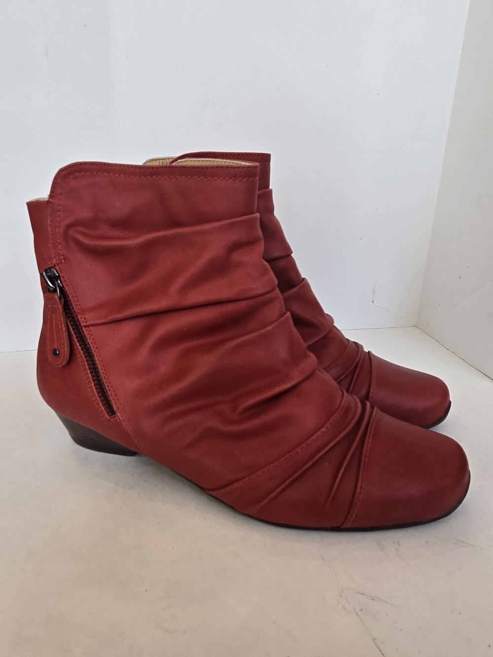 Women's Red Ruched Ankle Booties with Side Zip